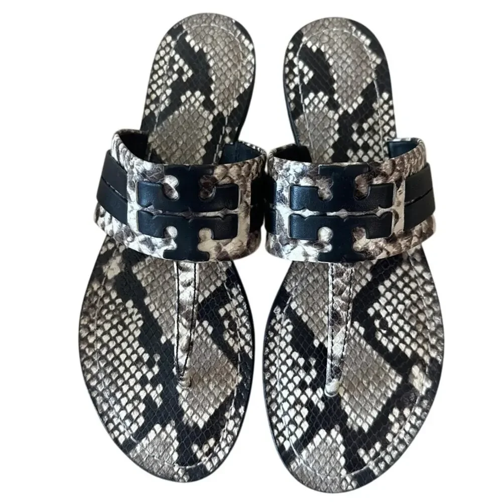 Tory Burch Leigh Thong Sandals 8.5 Roccia Snakeskin Black Logo